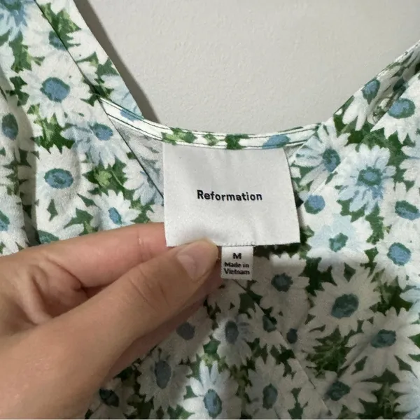Reformation Beauden Sleeveless V Neck Crepe Midi Dress White Green Floral M - Image 8