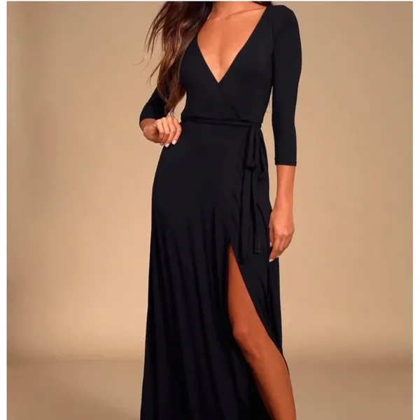 Lulus Garden District Size Large Black 3/4 Sleeve Wrap Maxi Dress Elegant - Image 4