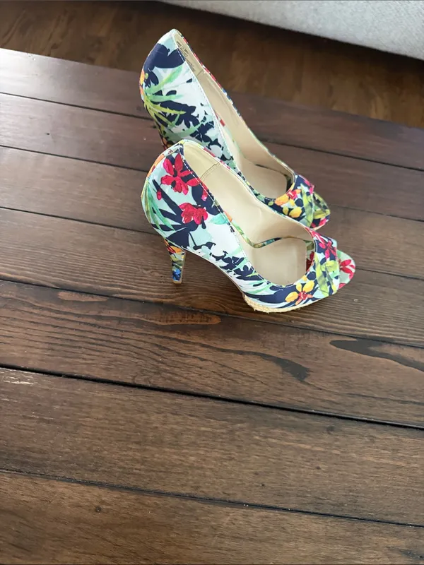 APT 9 Women’s Peep Toe Heels 7.5M Floral Print Textile Stiletto Platform Shoes - Image 4