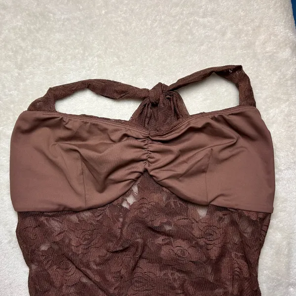 REORIA Chocolate Brown Lace Halter Crop Top Women’s Large Y2K Sweetheart Neck - Image 4
