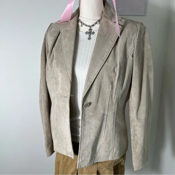 American Vintage Vintage 90s Cream Beige Genuine Leather Suede Button‎ Blazer Coat Womens Medium - Image 2