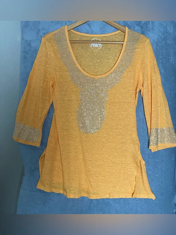 INC International Concepts Beach Linen Women’s Orange Casual Sequin Top‎ Size L - Image 2