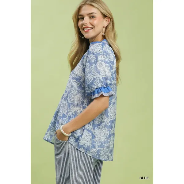 Umgee Floral Print Puff Sleeve‎ Top - Blue - Medium - Image 2
