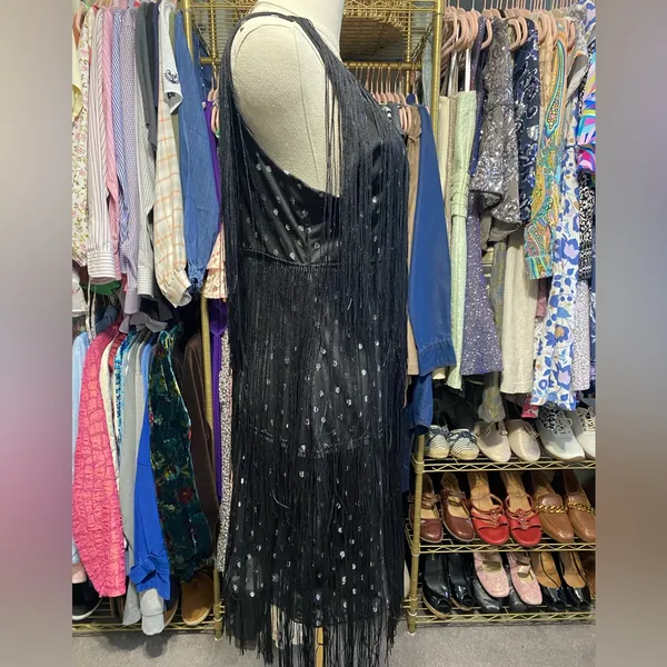 Cuase Black Silver Fringe Sequin Polka Dot Flapper Dress Size Large - Image 2
