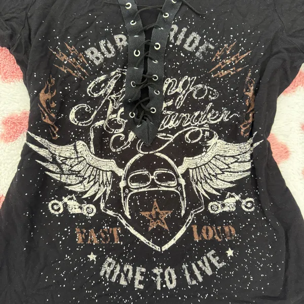 🔥 Y2K Rock Angel Lace-Up Graphic Tee – Biker Grunge Fairycore Vibes Small 🔥 - Image 3