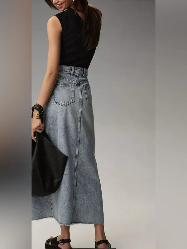 Anthropologie Pilcro Madi Front-Slit Denim Maxi Skirt Size 12 Boho-Western - Image 7
