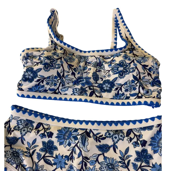 Blue White Floral Chintz Ric Rac High Waisted Bikini‎ Swimsuit Size Smal New - Image 2