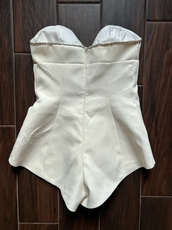 PrettyLittleThing cream diamante detail playsuit Romper Bride to be size 2 - Image 5