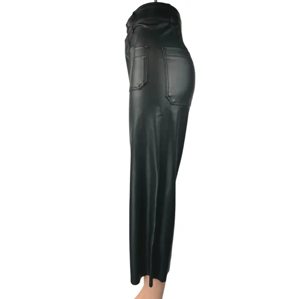Zara Black Faux Vegan Leather Straight Wide Leg High Rise Crop Trousers Pants 0 - Image 2
