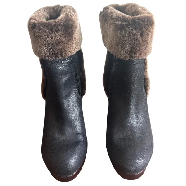 Tory Burch Shearling Cuffed Platform Booties Metallic Leather Fur Trim 8 - Image 2