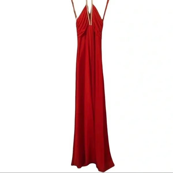 Vintage 70s red halter rhinestone maxi dress Old Hollywood Special occasion - Image 2