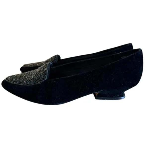 High Lights Black Velvet Beaded Loafers Low Heel Dress Shoes Women's Size 8 - Image 3