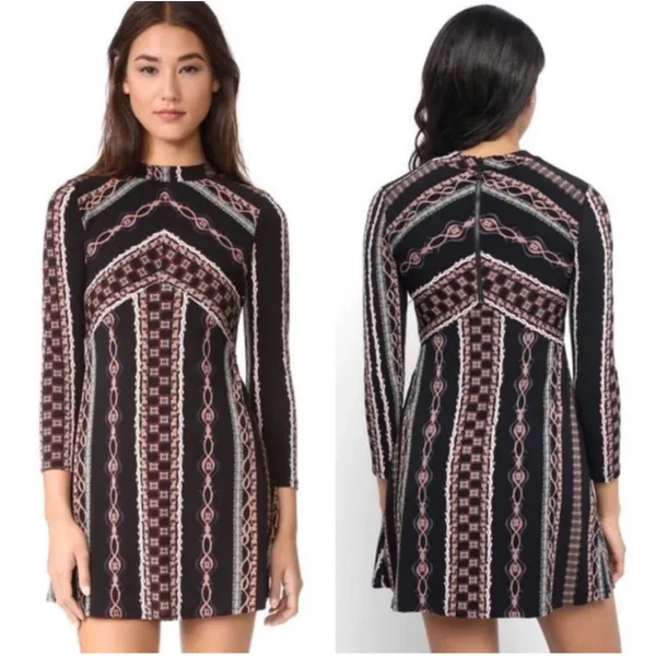 Free People Boho Geometric Print Long Sleeve A-Line Mini Dress Lined sz M - Image 2