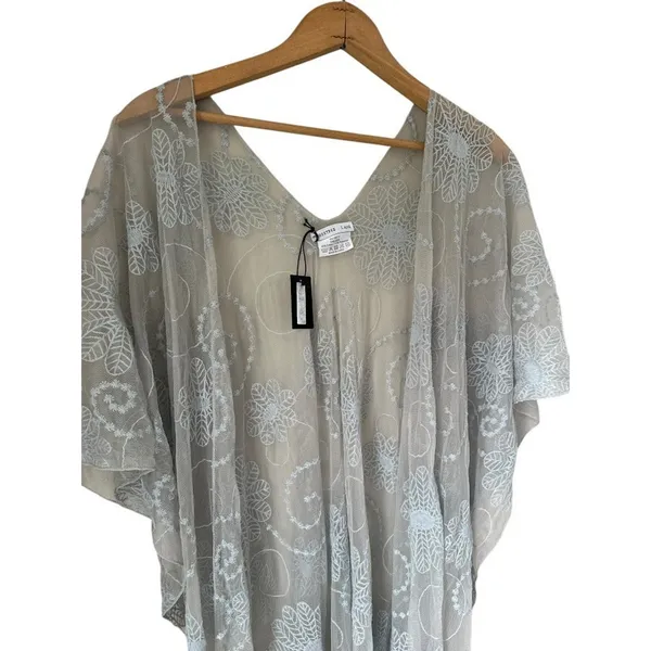 CrossTree Lane Sheer Embroidered Mesh Lace Kimono Boho Fairy Fringe Gray‎ OS - Image 3