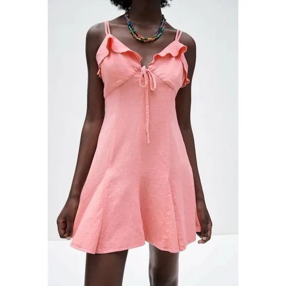 NWT Zara Coral Pink Linen Blend Mini Dress Ruffle Tie Front Size Small - Image 2
