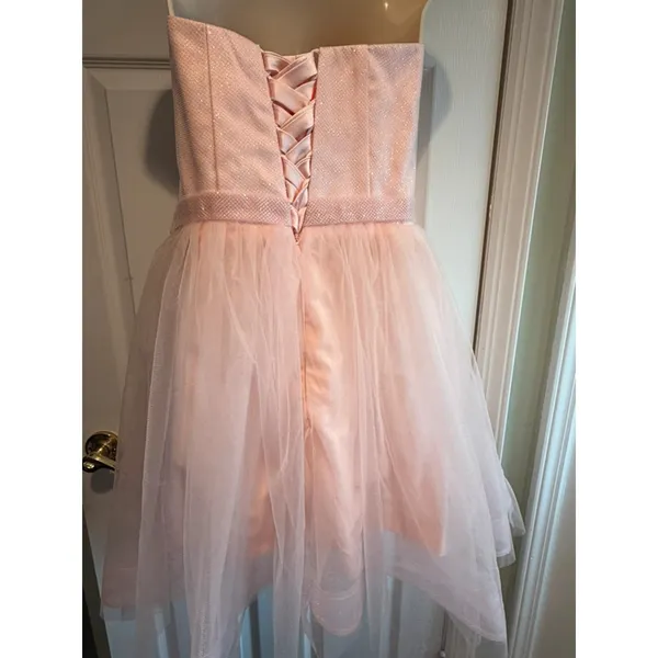 Pink Glitter Tulle Strapless Dress Corset Lace-Up Party Prom Mini 16 Formal Y2k - Image 5