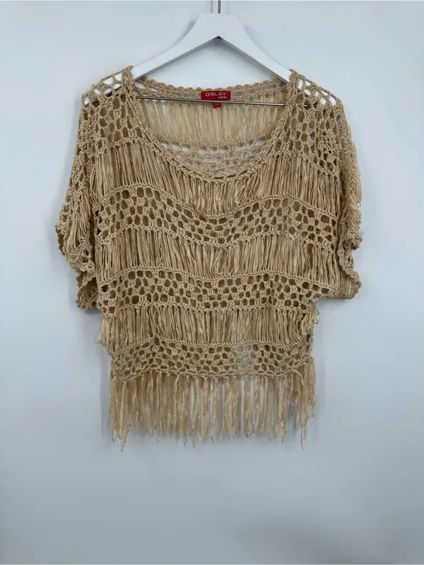 Dislay Paris Tan Open Knit Boho Short Sleeve Blouse Size Small Whimsical Fairy - Image 5