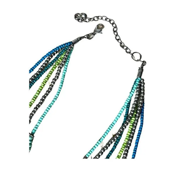 Vintage Blue and Green Multi Strand Necklace, Teal Bead Six Strand Necklace - Image 6