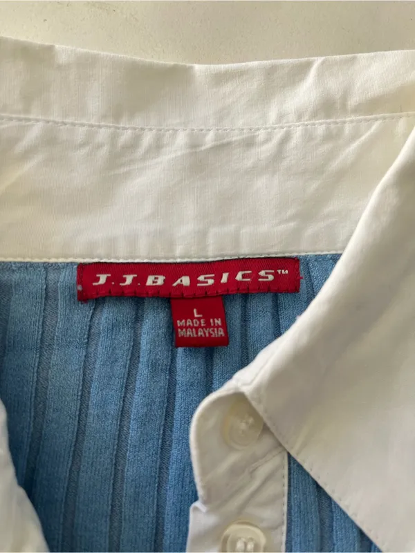 JJ Basics Vintage 90s Aqua Blue Thick Ribbed White Collar Longsleeve Top Large - Image 4