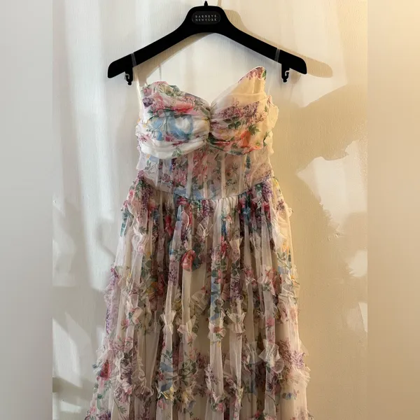 Faeriesty Ruched Bustier Ruffle Trim Hem Floral Print Tube Dress - Image 6