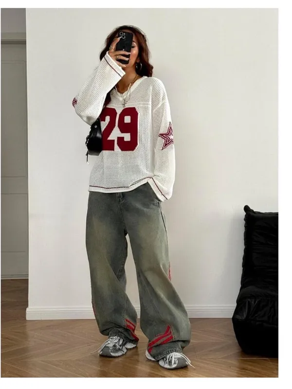 Y2k Graphic Oversized Crochet Jersey Shirt V Neck Long Sleeve Knit Pullover S - Image 4