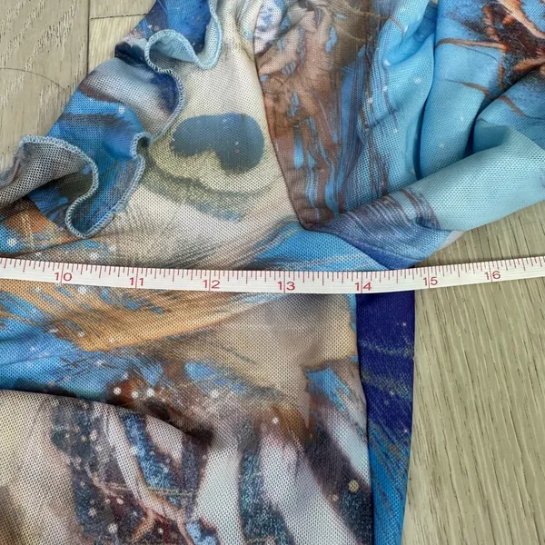Outcast vacation beachy long sleeve sheer sexy crop mesh‎ blue patterned top L - Image 7