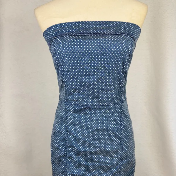 American Eagle Strapless Mini Dress Womens Small Polka Dot Denim Tube Blue - Image 2