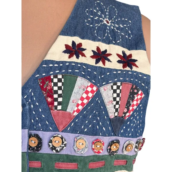 Vintage Eagle’s Eye Patchwork‎ Denim Vest Quilted Embroidered Cottagecore Artsy - Image 3