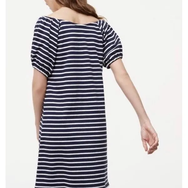 LOFT M Blue Striped Puff Sleeve Shift Knit‎ Dress Mini Nautical Coastal Preppy - Image 5