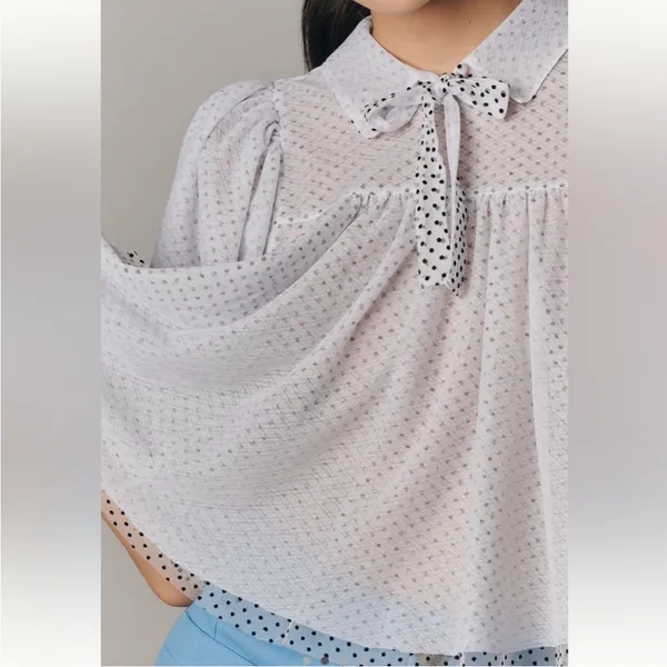 Anthropologie Maeve Short Sleeve Bow Collared Sheer Swing Blouse NWT Size XS - Image 3