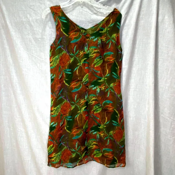 Vintage‎ Y2K Robbie Bee 100% Silk Slip Dress Abstract Olive Multi Lined Artsy M - Image 5
