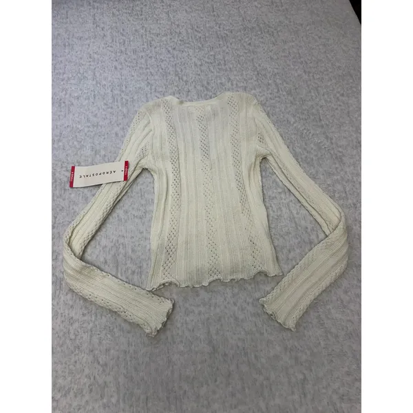 Aeropostale Womens Cropped Cardigan Pointelle. Rib Knit V-Neck Tofu White XS NEW - Image 4
