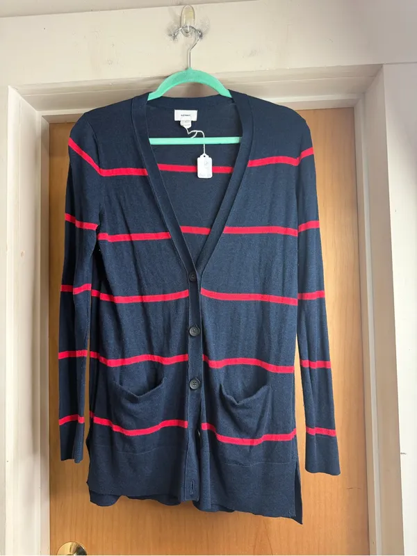 Old Navy Navy & Red Striped Cotton Blend Cardigan Size Small - Image 2