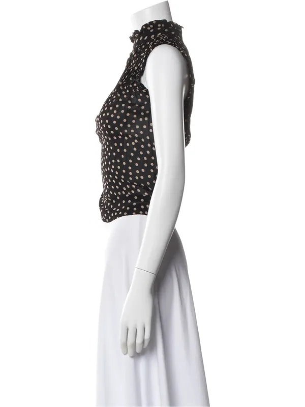 GANNI 2025 Polka Dot Print Mock Neck Smocked Ruffle Pleated Flowy blouse top XS - Image 5