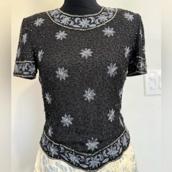 Vintage Cote d’Azur Black Beaded Top | Silk Floral Embroidery size small - Image 2