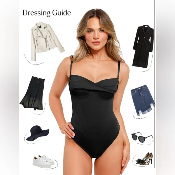 Popilush Corset Bodysuit for Women Tummy Control Shapewear Cowl Neck Tops Thong - Image 2