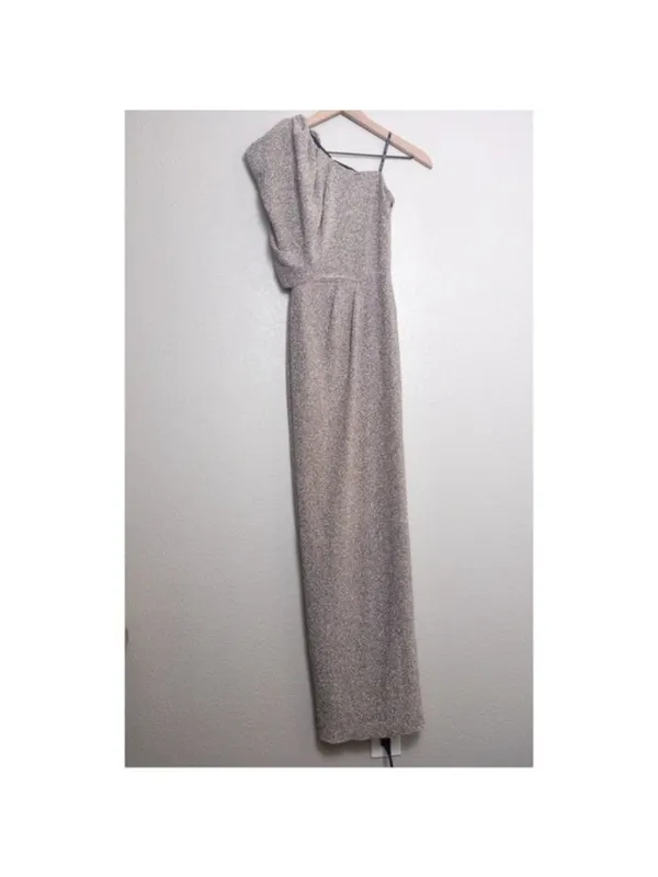Black Halo EVE Egan One Shoulder Metallic Gown 0 Gold Luxe Long Stretch Pleated - Image 4