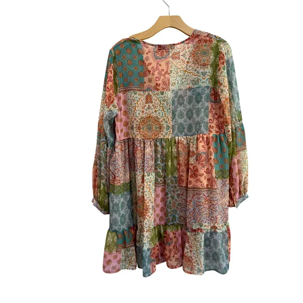 Zara‎ Patchwork Boho Mini Dress V Neck Metallic Thread Button Front Size M - Image 4