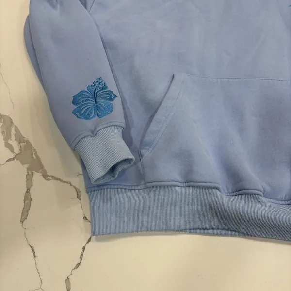 Pink Palm Puff Hoodie Womens Size Small 'Everything Comes In Waves' Blue - Image 3
