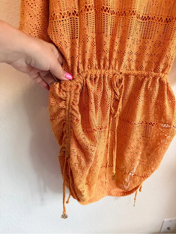 Luli Fama Obsession Cabana kimono sleeves dress, crochet knit, mustard yellow, M - Image 11