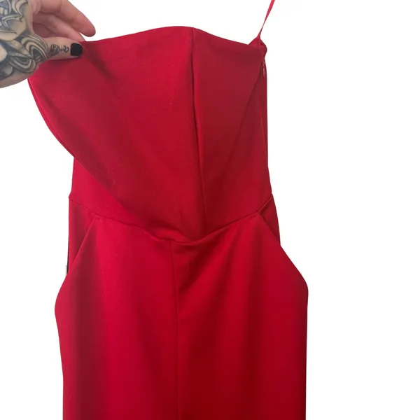 NEW Express Red Crepe Strapless Wide Leg Timeless Stretchy Timeless Jumpsuit XS - Image 5