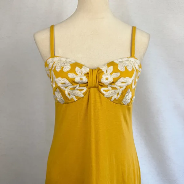 Mustard Yellow Floral Embroidered Sun‎ Dress Medium Bohemian Vacation Resortwear - Image 2