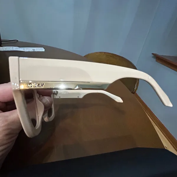 Quay By the Way Oversized Cat Eye Sunglasses Cream Beige Gold Hardware with Case - Image 3