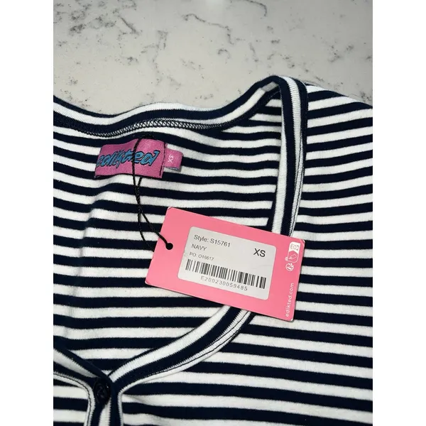 Edikted Women's XS Slim Fit Navy & White Knit Long Sleeve Henley Tee‎ - Image 3