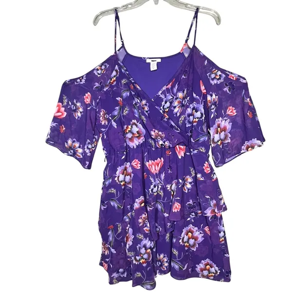 Bar III Dress Women's XL Purple Floral Cold Shoulder Ruffle Fit & Flare Sundress - Image 2