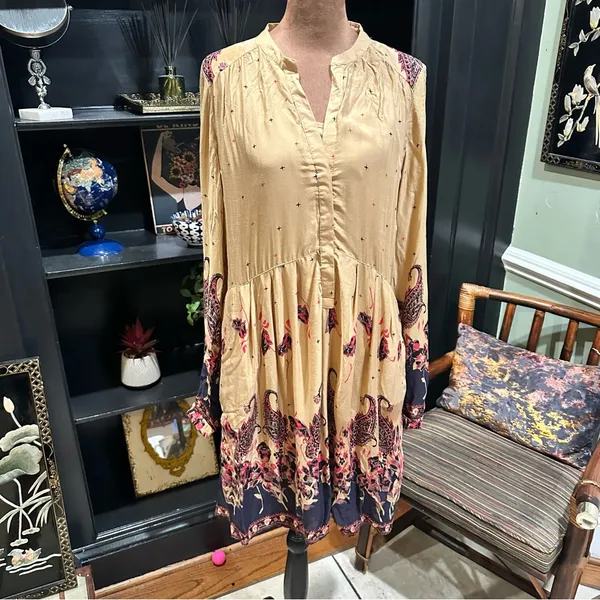 Free People Sierra Valley Shirt Dress – Gold Combo, Paisley Floral, Size Medium - Image 3