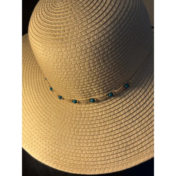 Woven Paper Straw Sun Hat Turquoise Bead Accent Split‎ Back Wide Brim Tan OSFM - Image 9