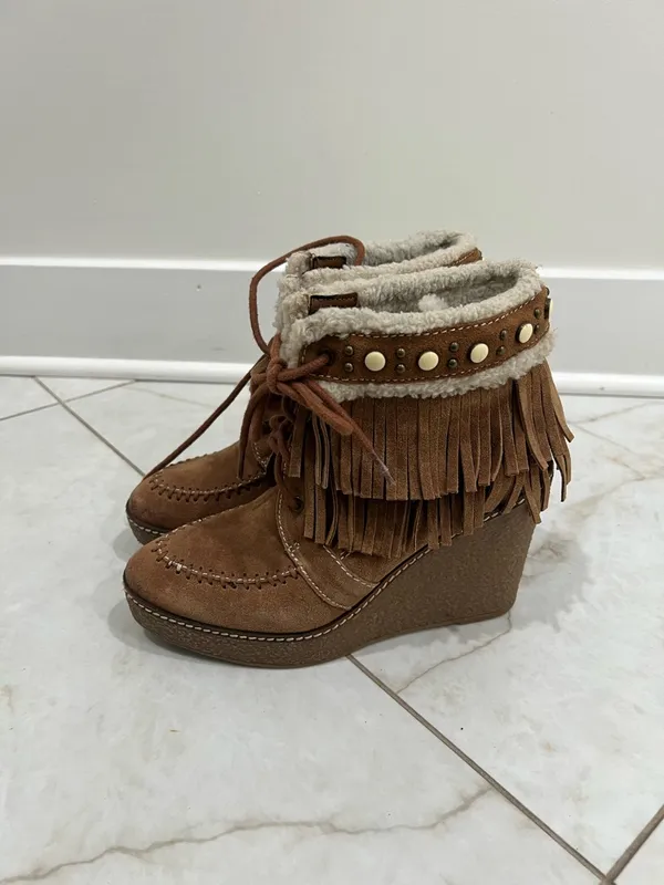 Sam Edelman Mocha Kemper Fringe Wedge Lace Up Booties Size 8 US $150 - Image 3