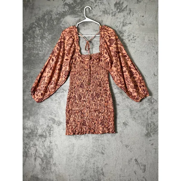 Free People Printed Smocked Mini Dress Puff Sleeve Boho Romantic Cottagecore S - Image 3