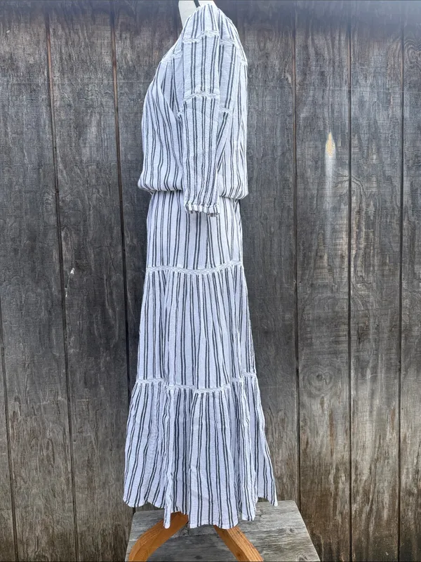 Lauren Ralph Lauren White Maxi Dress Black Stripes Ruffled Tiered Hem Sz 14 - Image 4